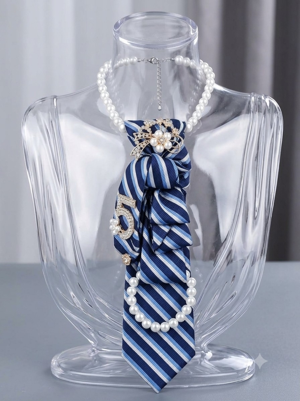 Elegant Blue Striped Pearl Bow Tie Necklace